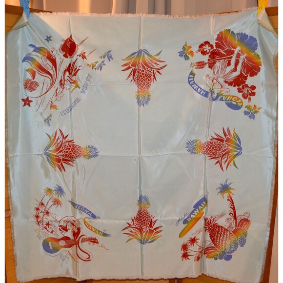 Vintage Tablecloth Souvenir Aloha Hawaii with Fringe and Beautiful Graphics